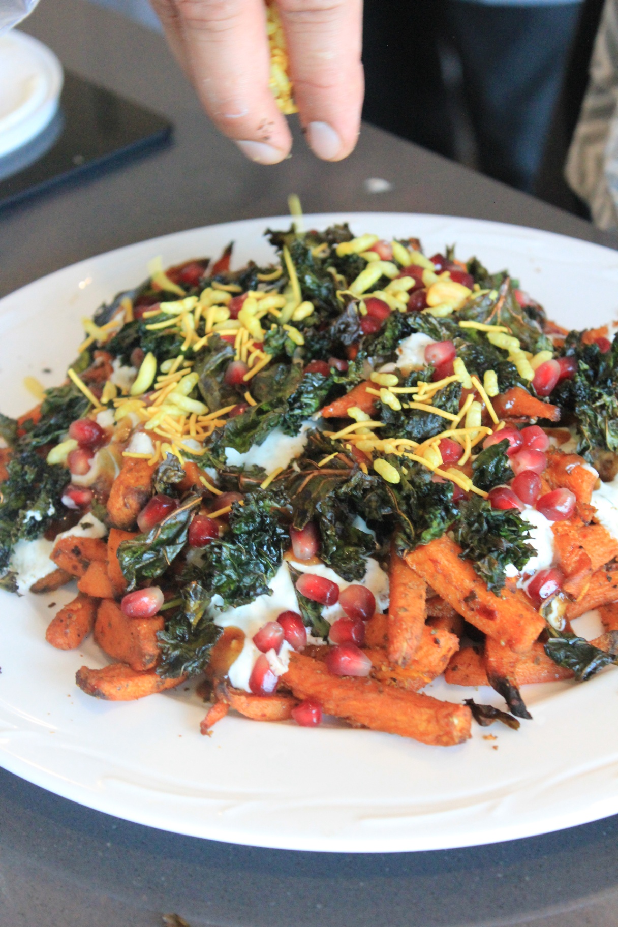 Sweet potato chaat fries with pomegranate and sev