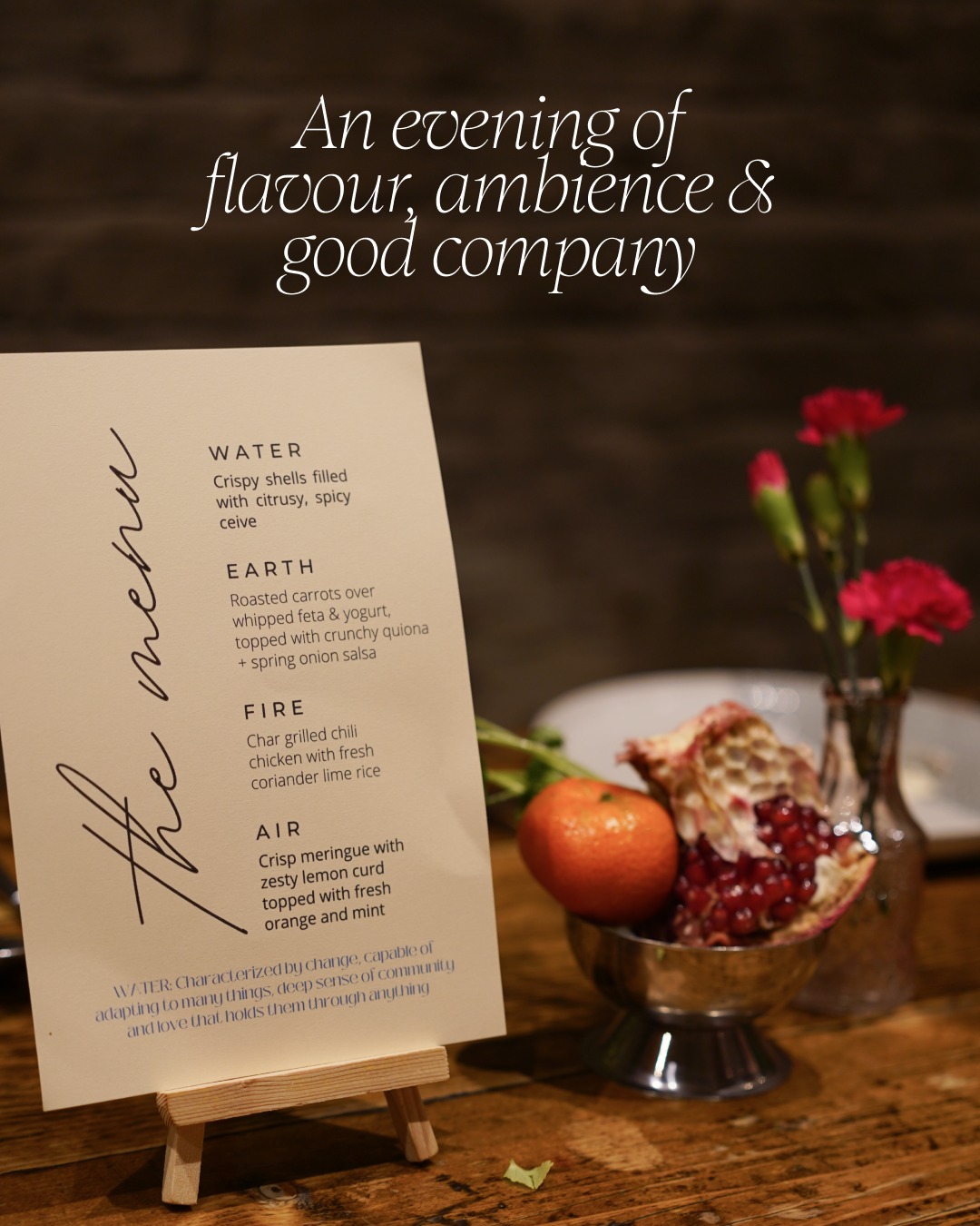 Menu card for an evening of flavour, ambience and good company